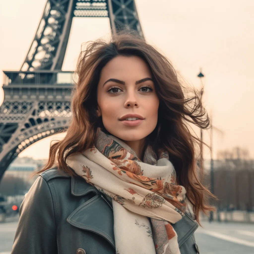 AI-generated image of a woman standing in front of the Eiffle Tower