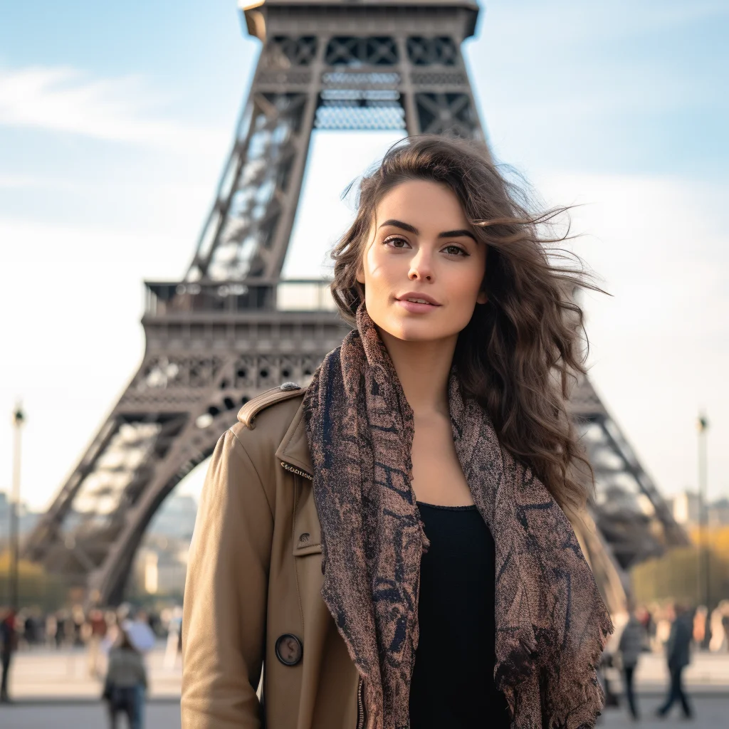 Photorealistic AI-Generated image of a woman standing in front of the Eiffel Tower